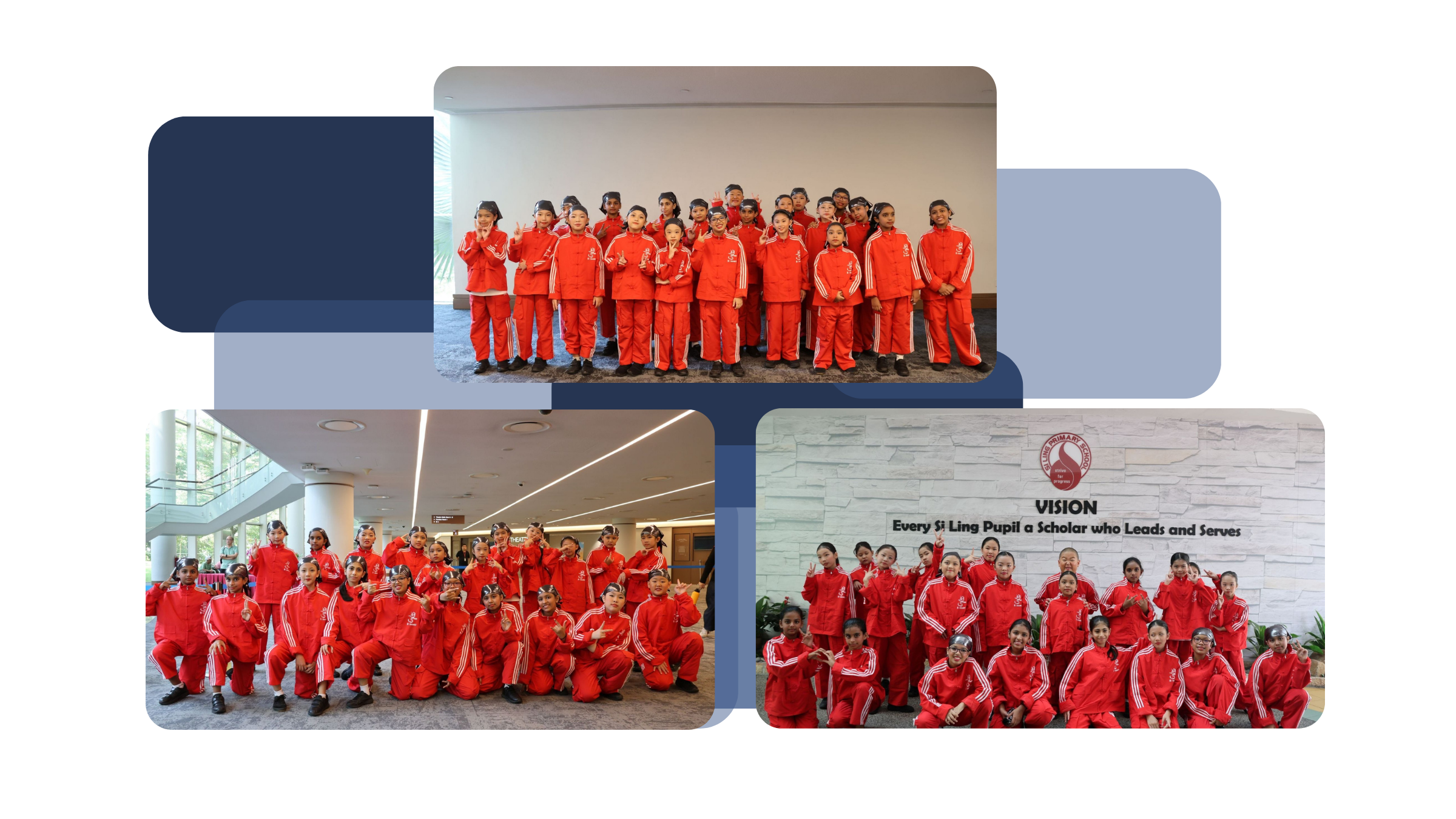 Dance Club members in red uniforms posing for group photos at a performance venue and at the school's vision wall, which reads 'Every Si Ling Pupil a Scholar who Leads and Serves'.